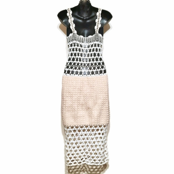 HANDCRAFTED Crochet Macrame Knit Dress Festival Midaxi Swim Cover Cream Tan S 4 - Picture 3 of 11